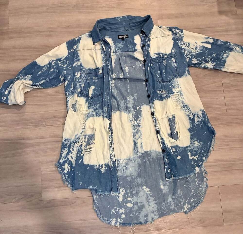 Thrill Jeans Denim Shirt Size 3X Acid Wash Distressed High Low